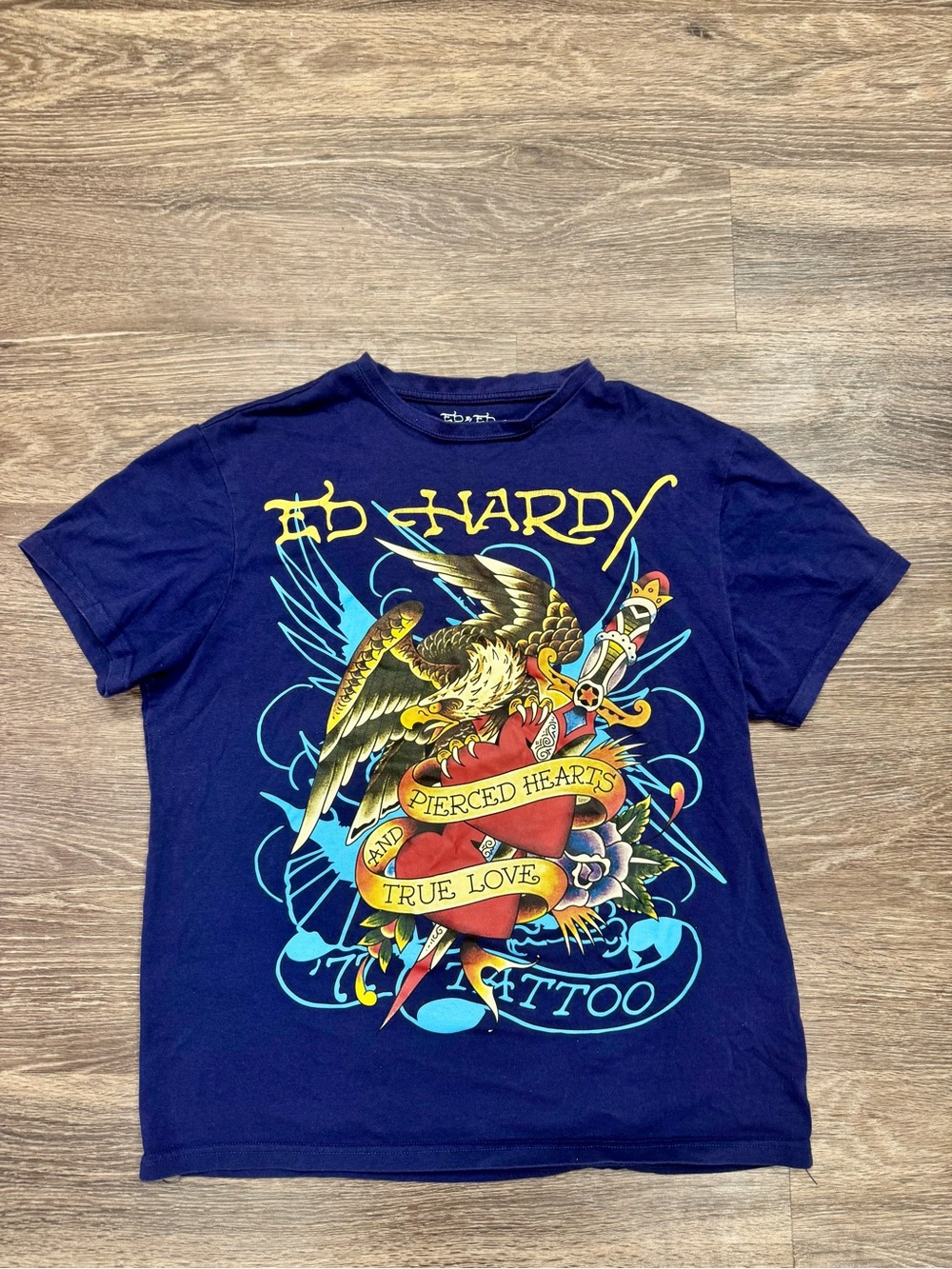 Ed Hardy Pierced Hearts True Love Eagle Tattoo Graphic Tee Blue M